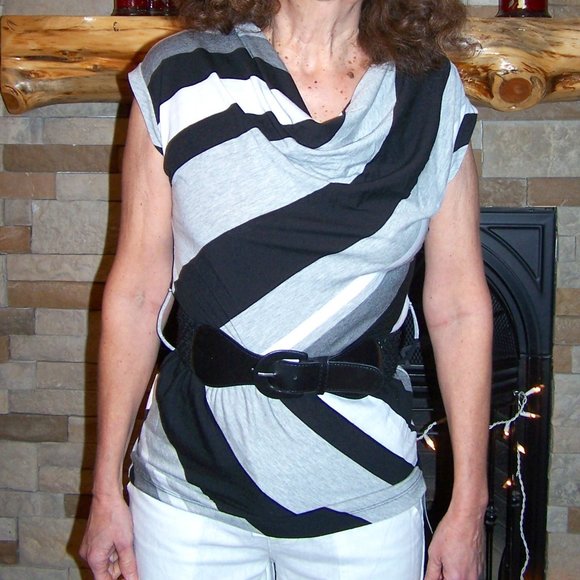 A. BYER Tops - A. BYER     GREY / WHITE and BLACK STRIPED SHIRT w BELT TIE